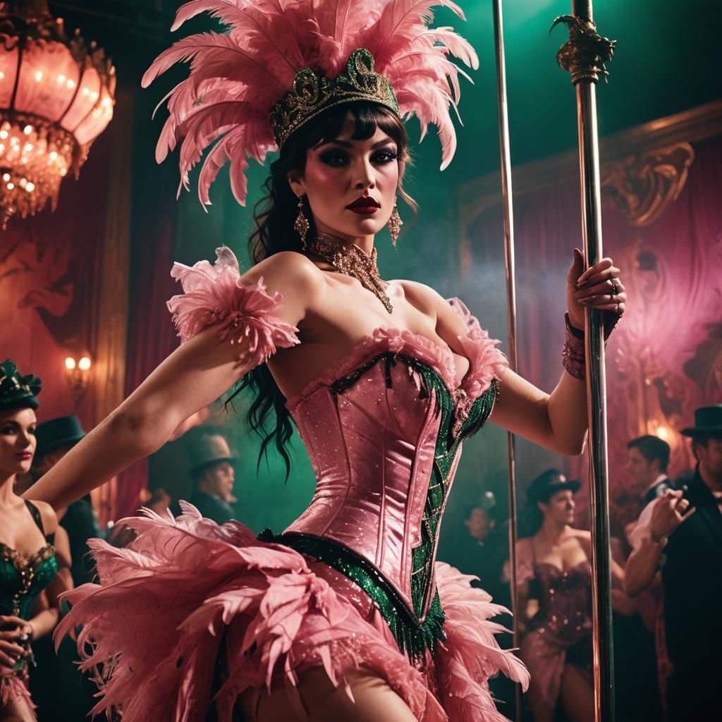 Cabaret Girl's Pole Dance: A Moulin Rouge Scene