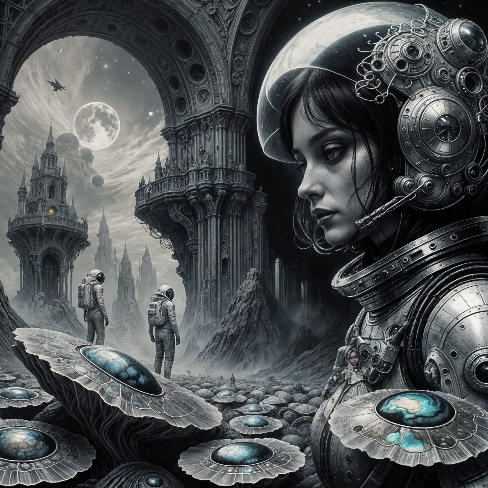 Surreal Alien Planet Scene in Gothic-Chic Charcoal Drawing