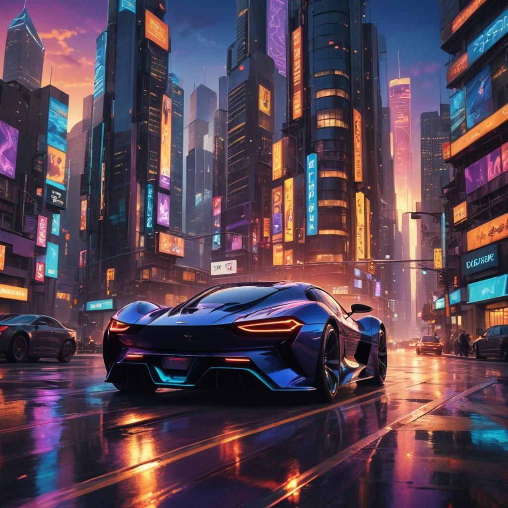 Supercar Speeding Through Futuristic Cityscape