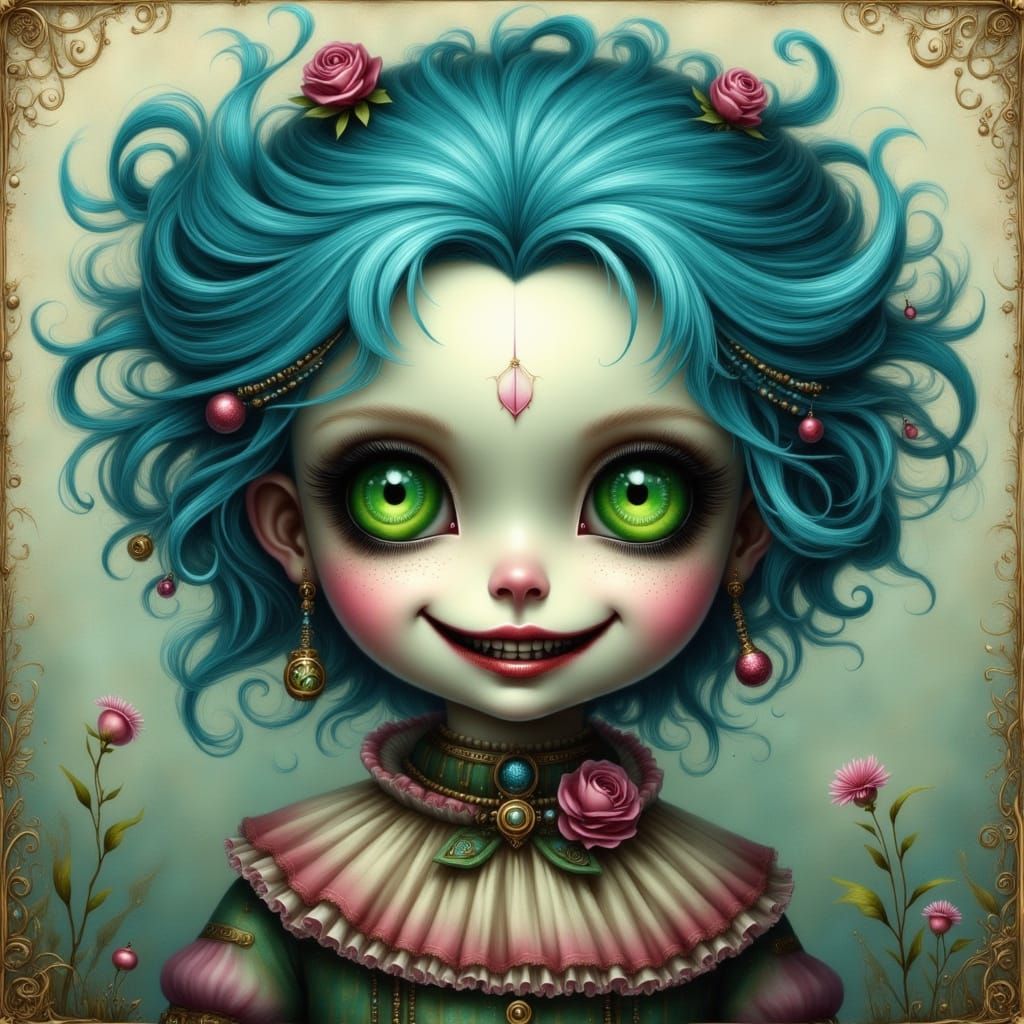 Creepy Robotic Doll with Green Eyes and Blue Hair