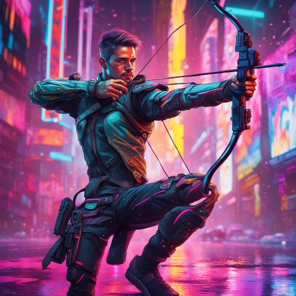 Cyberpunk Archer in Neon Cityscape