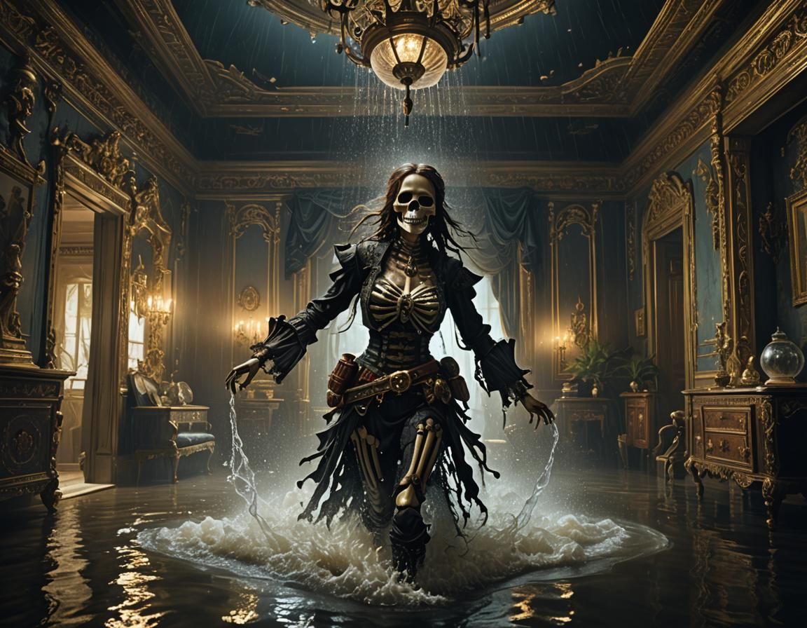 Surreal Skeletal Pirate in Ornate Bedroom