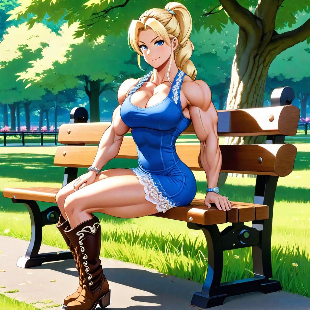 Anime-Style Bodybuilder Flexing Bicep in Park