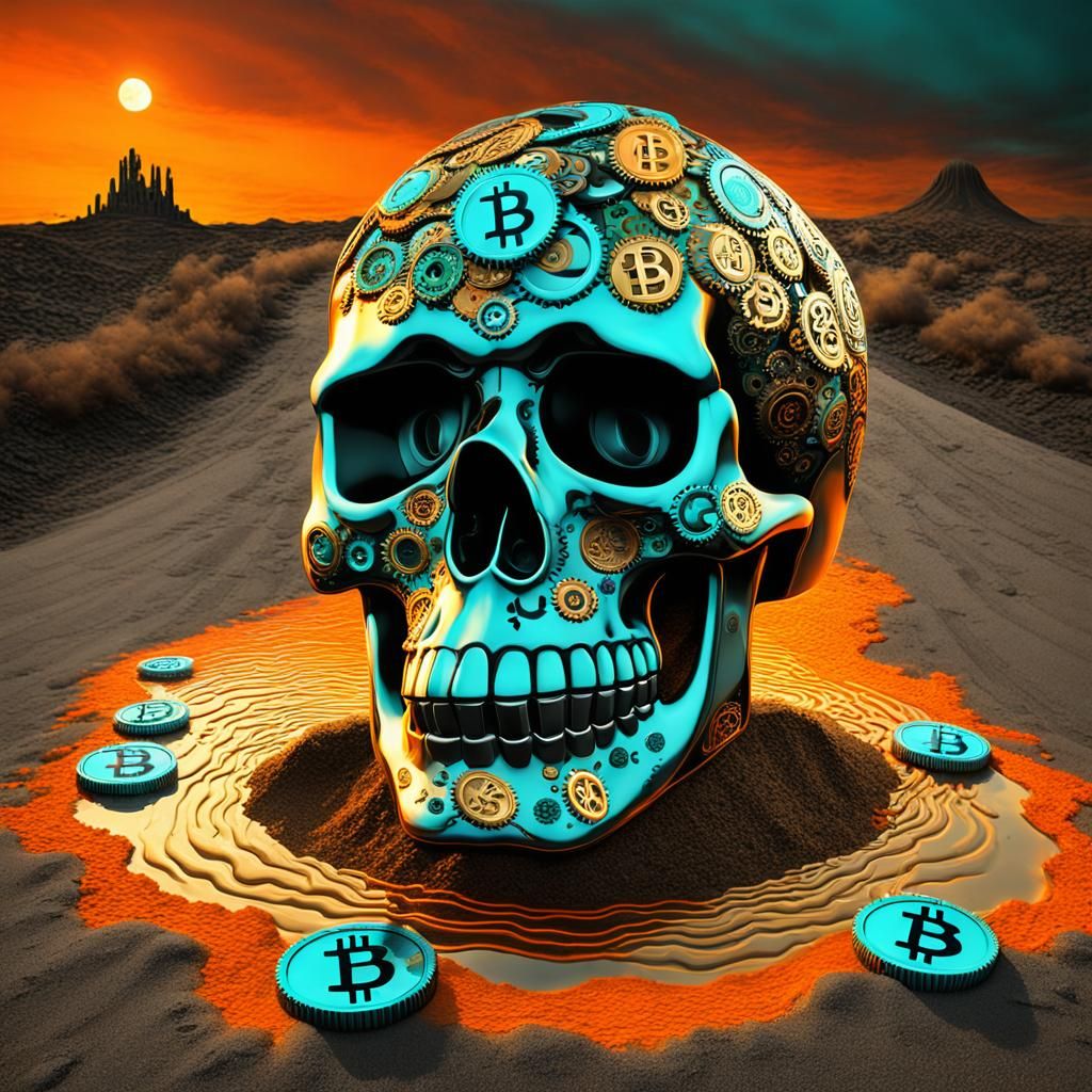 3D huge Day of the Dead Bitcoin Coin skull gears chrome gold...