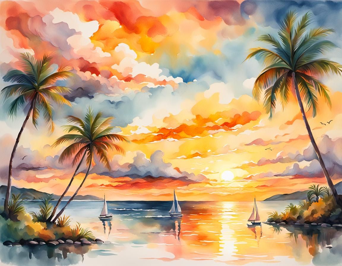 Sunset Over Calm Ocean in Watercolor Style