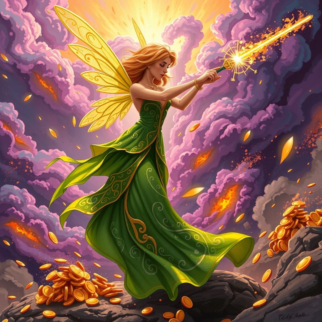 Energetic Fairy Sweeping Gold, Futuristic Art Style