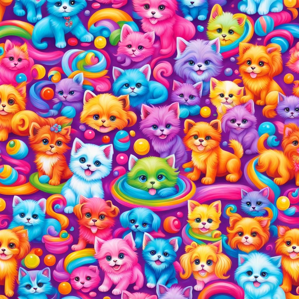 Lisa Frank Style Puppies and Kittens in Wonderland