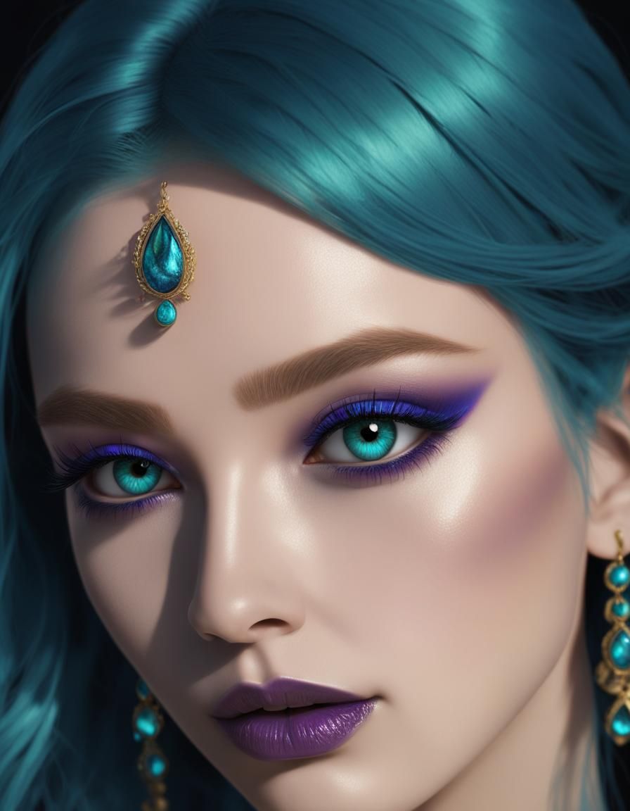 Ethereal beauty young lady with long vibrant turquoise blue hair and Sapphire blue eyes with cobalt blue eyeshadow and c...