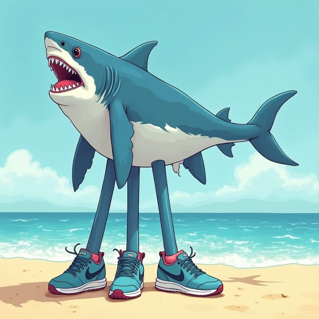 Cartoon Shark with Sneakers on a Sunny Beach