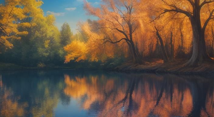 Glowing Tree Emerges from Serene Lake: Surreal Oil Painting