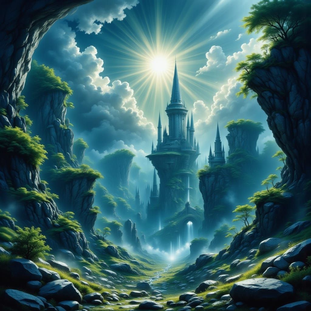 Opalescent City Underwater with Geometric Moonbeams