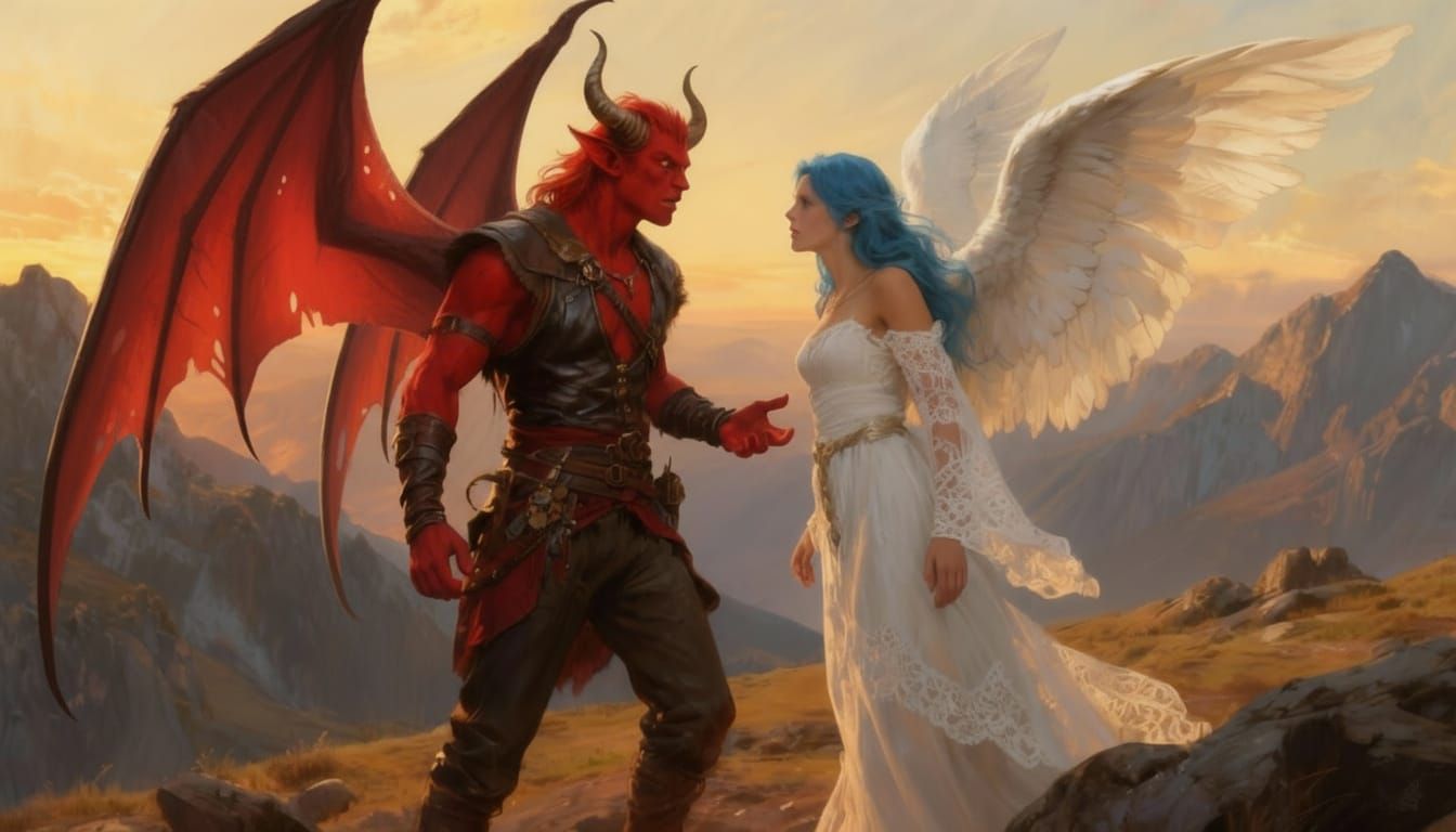 Fantasy Tiefling and Angel Arguing at Sunset