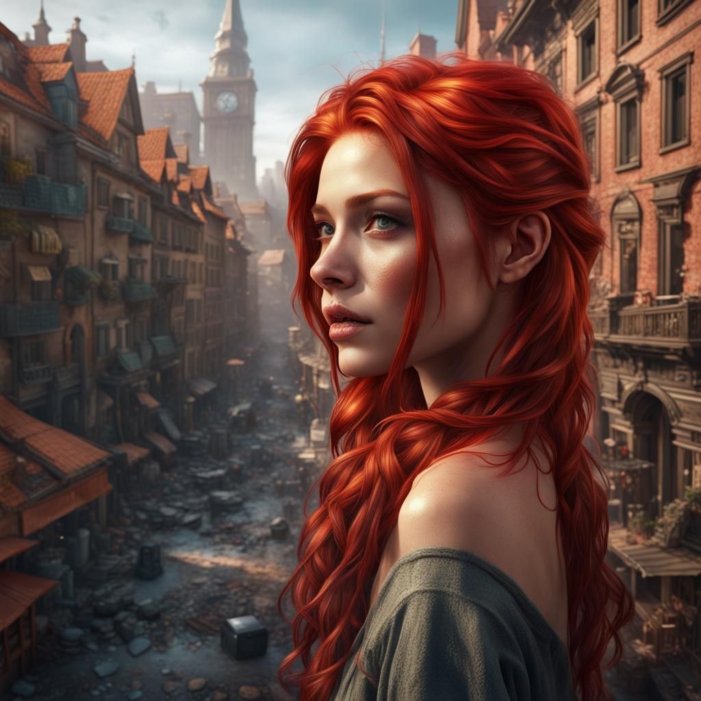 Red Hair in the City: Detailed Matte Painting