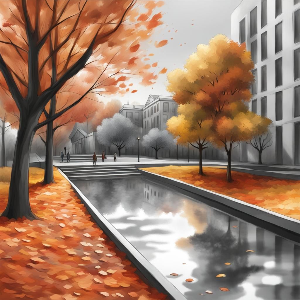 Grayscale Autumn Park Scene in Hyperrealistic Style