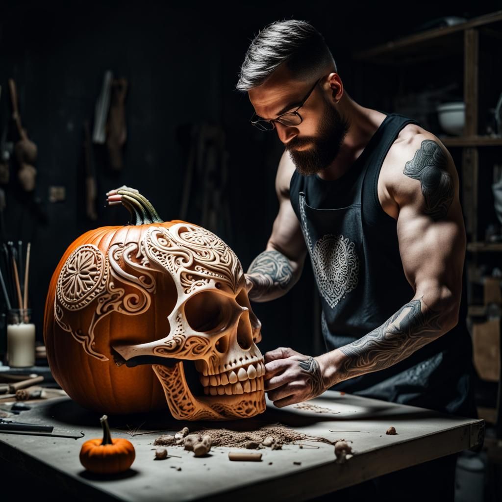 Young Artist Carves Skull into Pumpkin