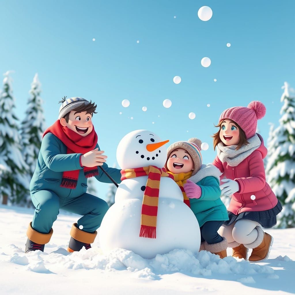 Joyful Family Builds Snowman in Whimsical Winter Wonderland