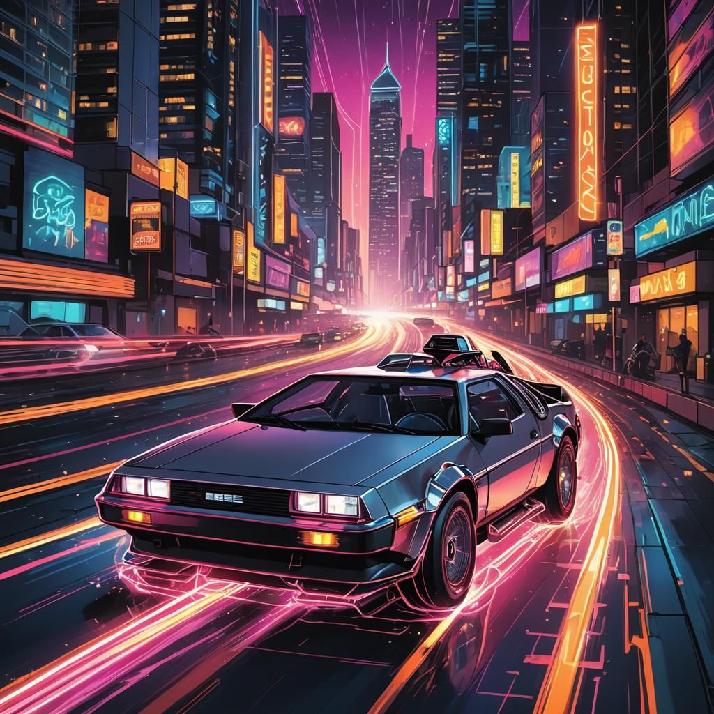Futuristic DeLorean Speeds Through Neon Cityscape