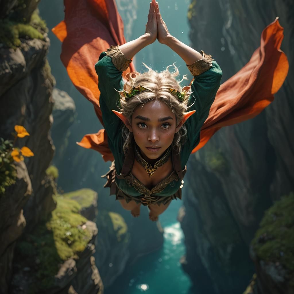 Elf Diving from Cliff in Art Nouveau Style