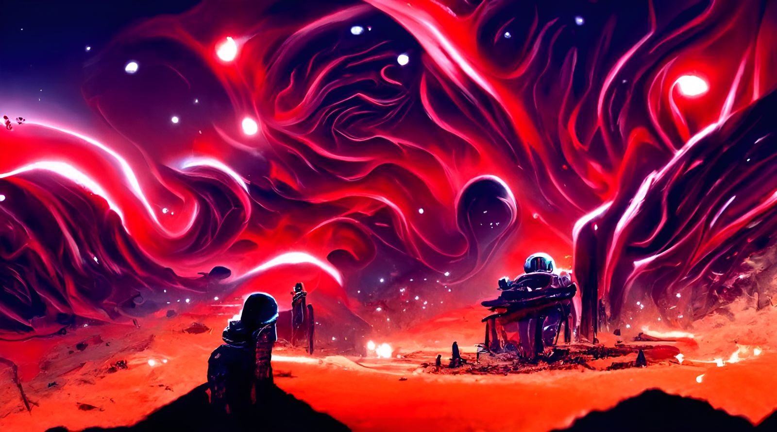 Black and Crimson Cosmic Landscape in Expressionist Style