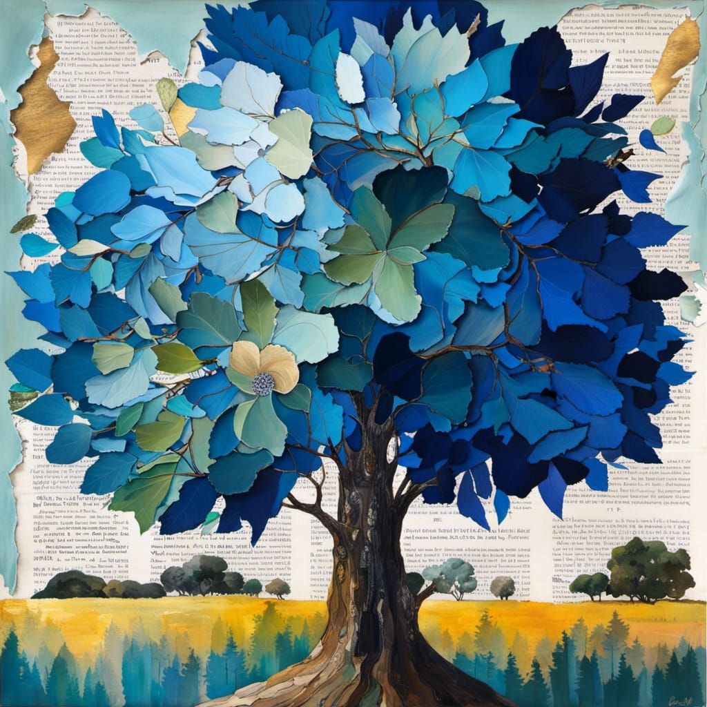 Magnificent Blue Tree Collage with Gold Oil Paint