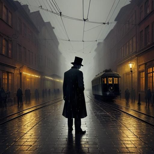 Steampunk Tram Scene in Ink Style