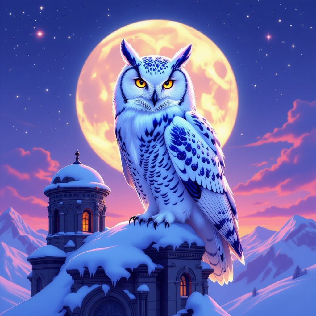 Galaxy Owl Perched on Observatory, Art Nouveau Style