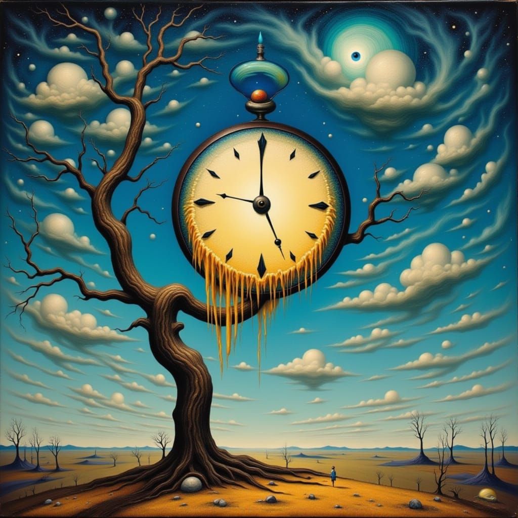 Surreal Melting Clock and Eye in Dreamlike Landscape