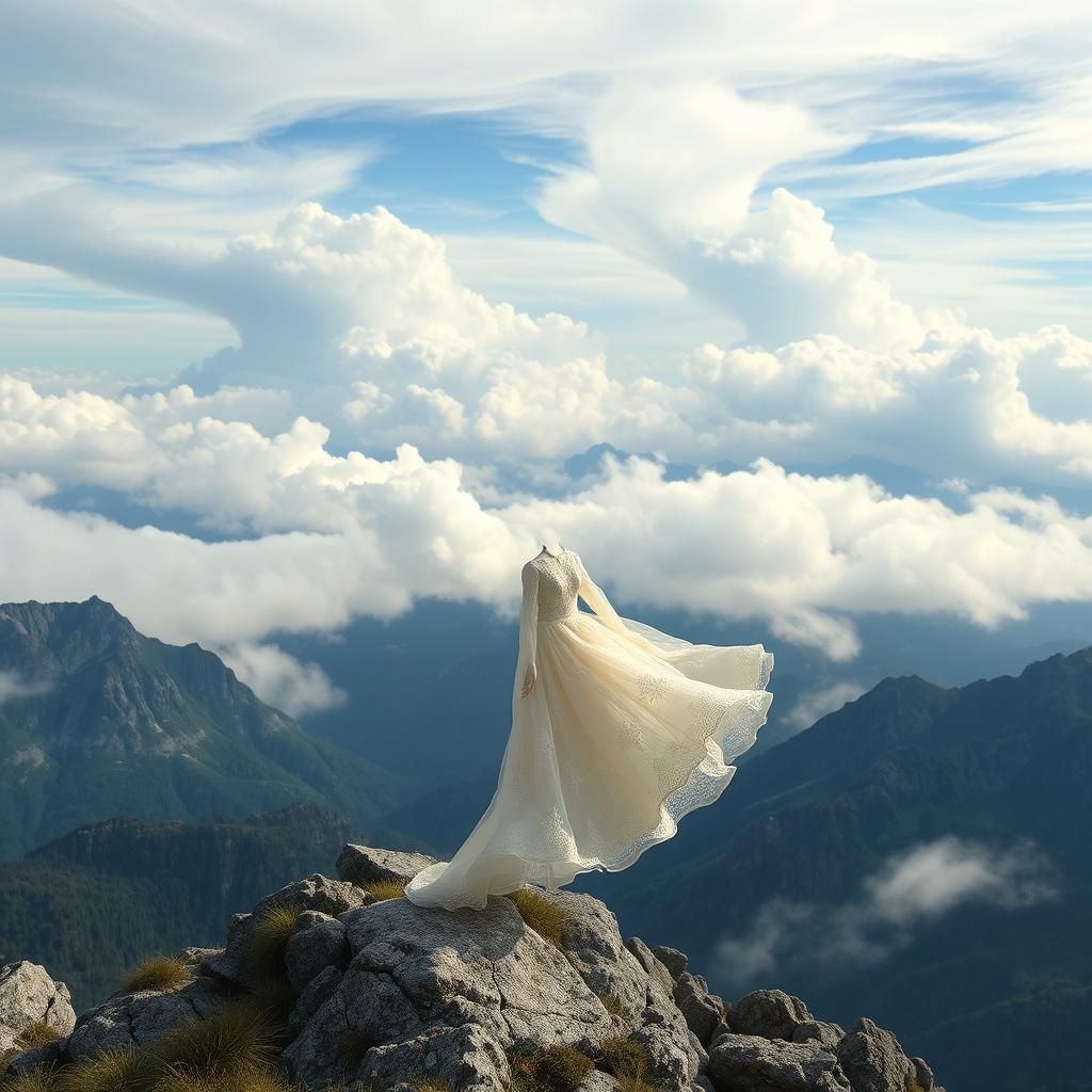 Embroidered Gown Dancing Above Mountain Landscape