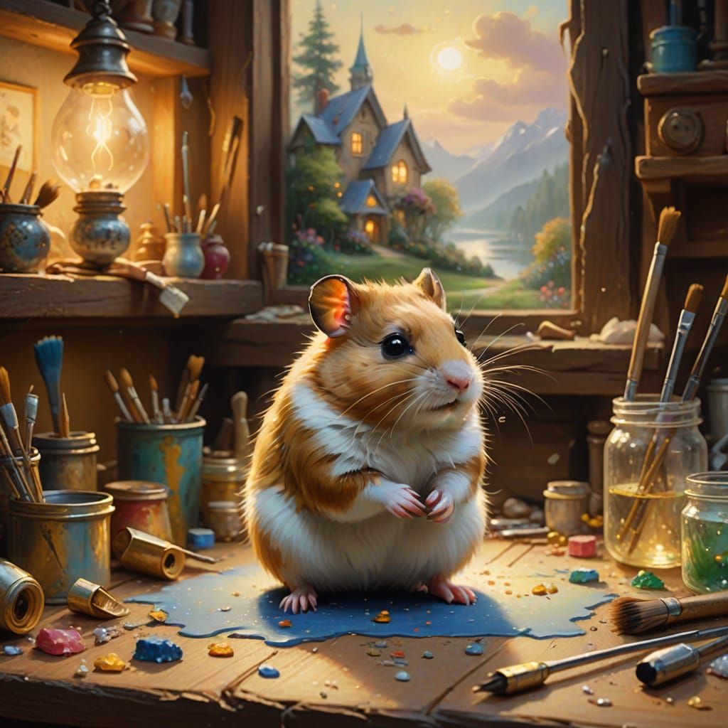 Hamster Painter in Ethereal, Detailed Kinkade Style