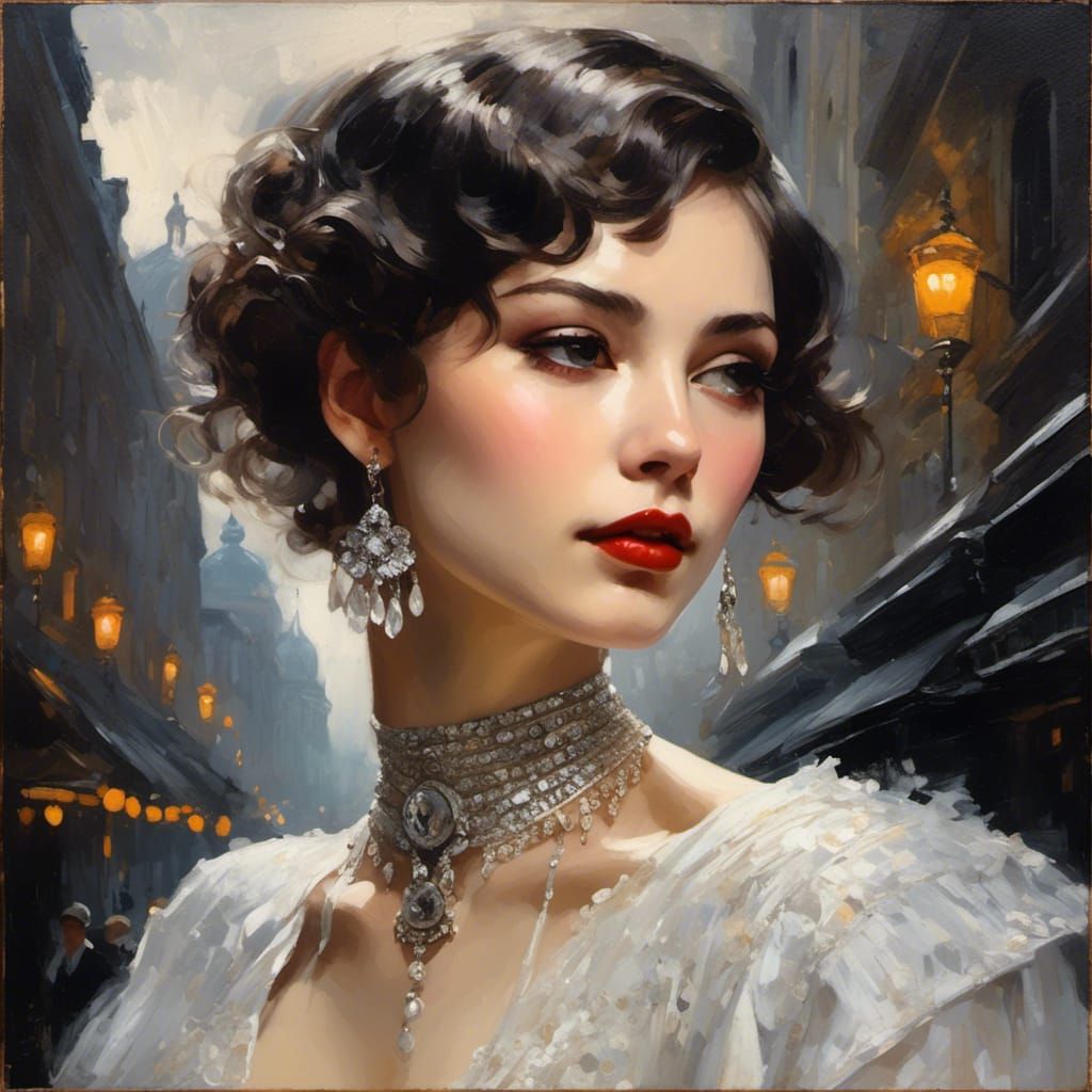 Elegant Tatar Woman in 1920s Petersburg as Oil Painting