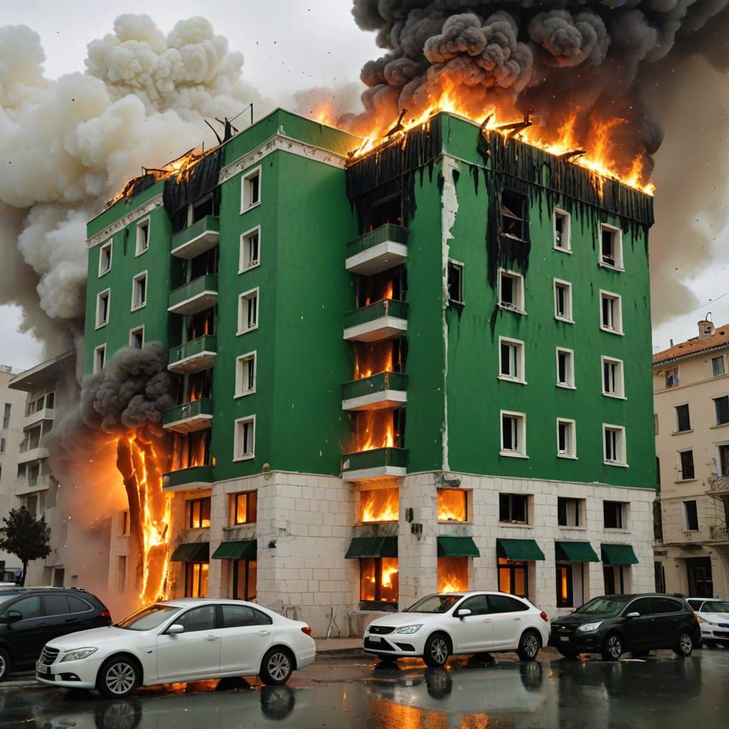 Green and white hotel, split in two, cattywampus. Fireball r...