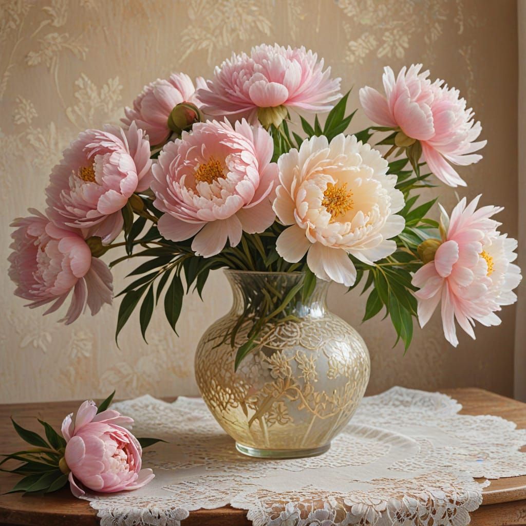 Peonies Still Life in Oil Painting Style