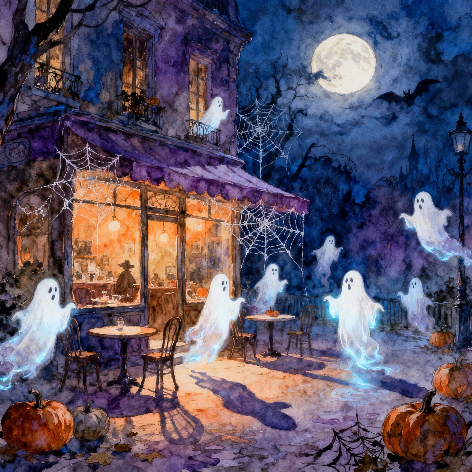 Spooky October Night Cafe Painting with Playful Ghosts