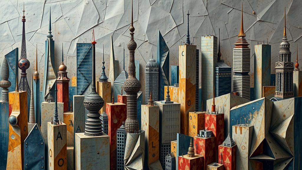 Surreal Dystopian Cityscape in Abstract Metalwork Style