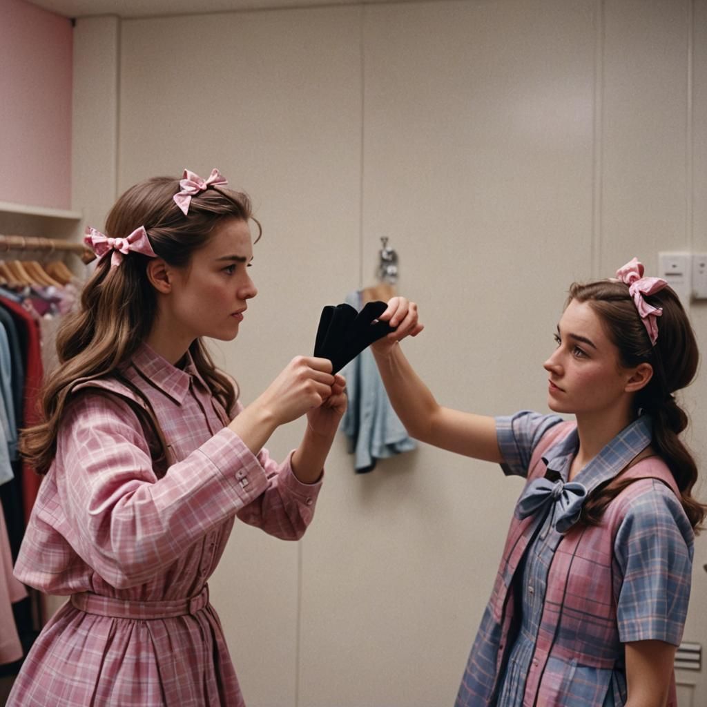 Girl Tying Bow on Boy in Dress: Cinematic Film Still