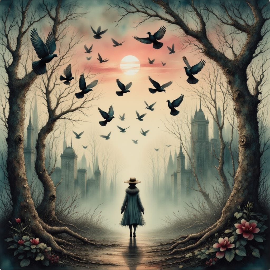 Dreamscape: Lone Figure Against the Flock