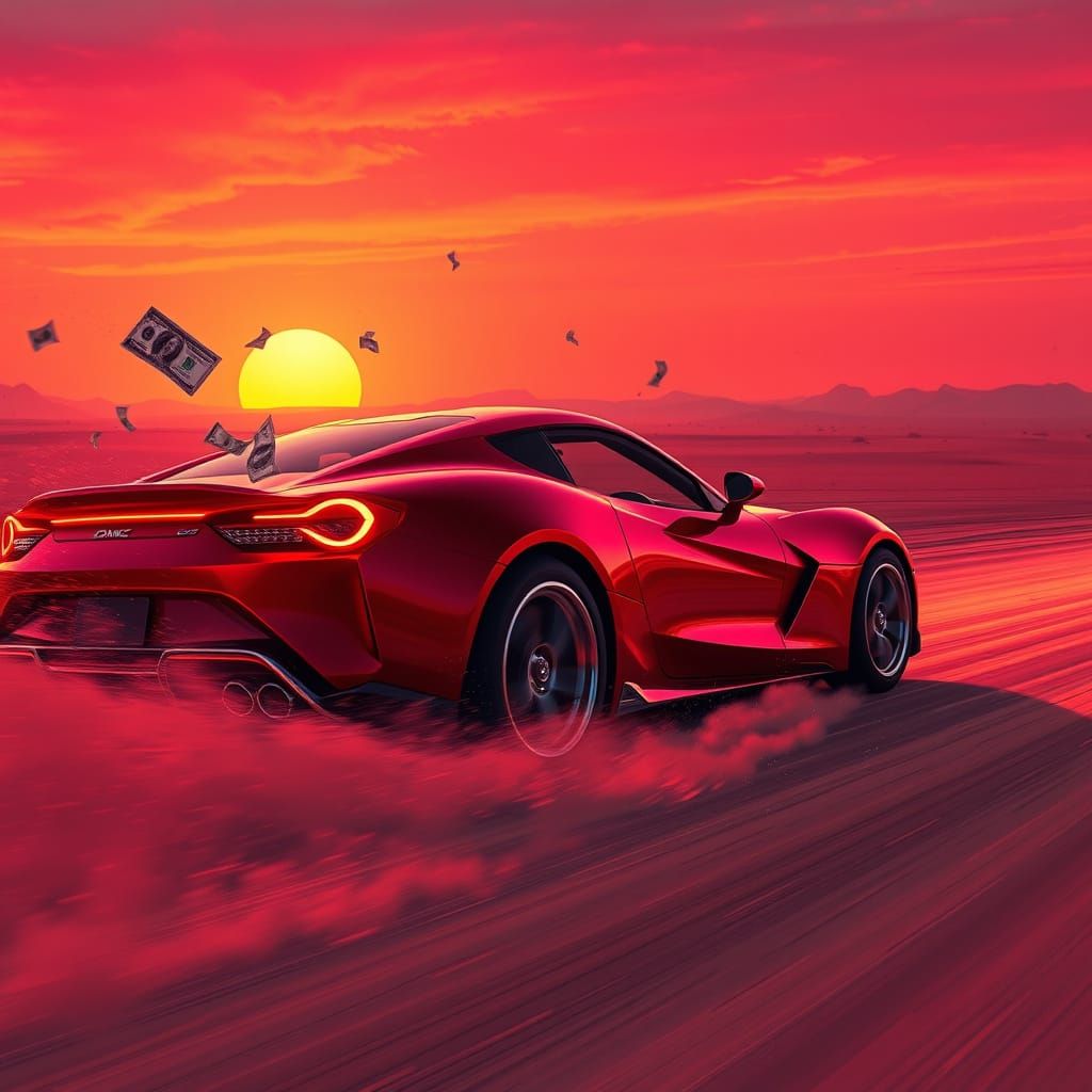 Crimson Sports Car Speeds into Sunset in Desert Ablaze with ...