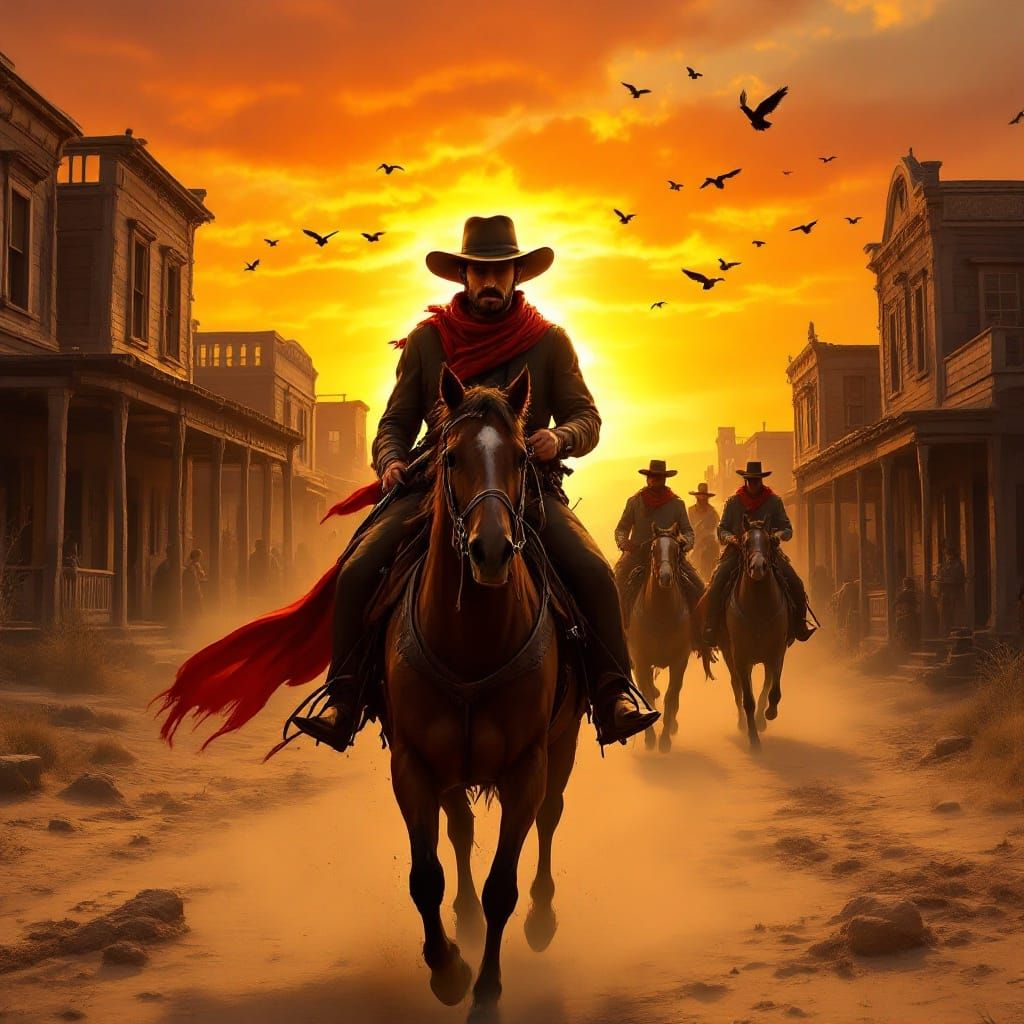 Classic Western Cowboys Ride into Sunset Town