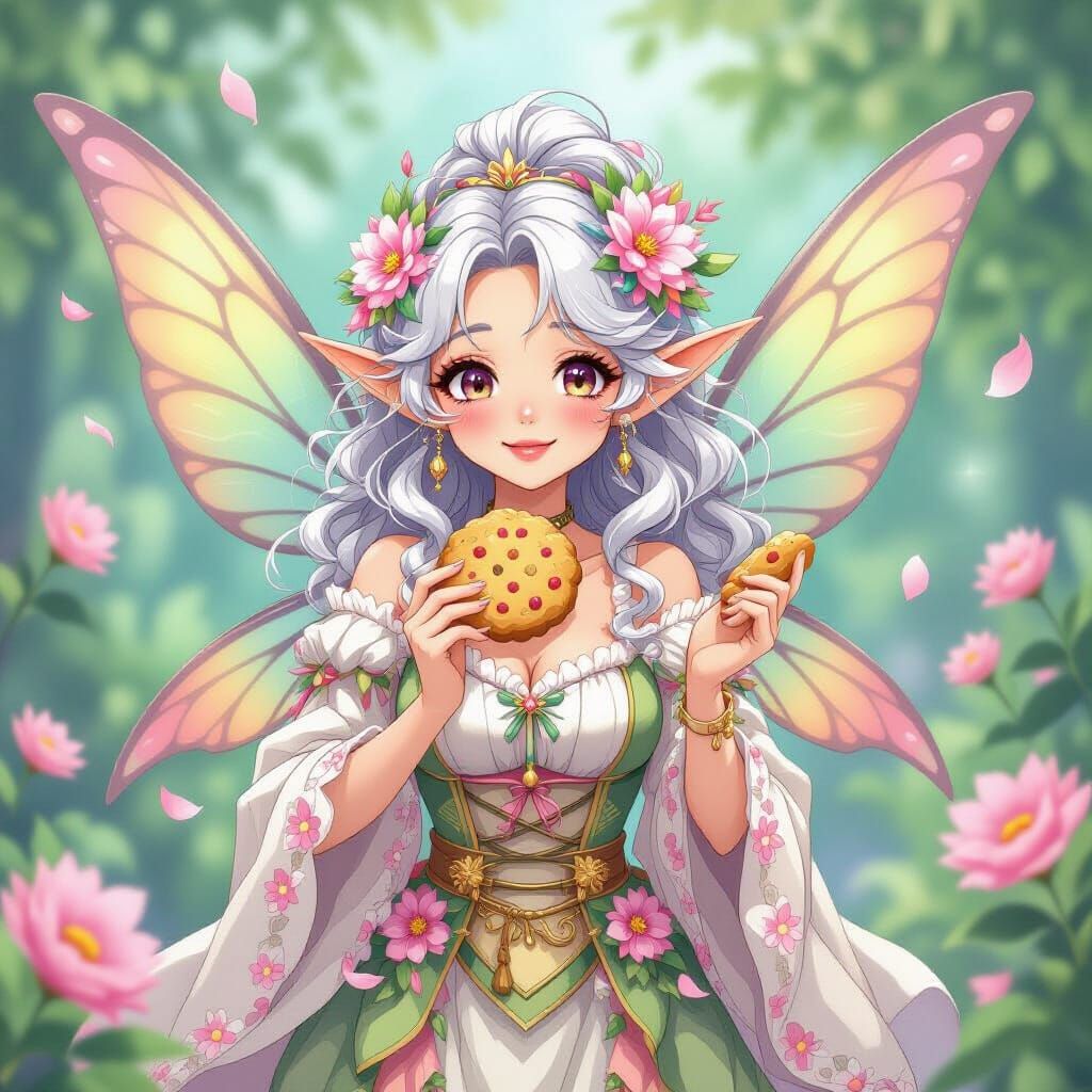 Elderly Faerie Holding Cookie in Anime Style