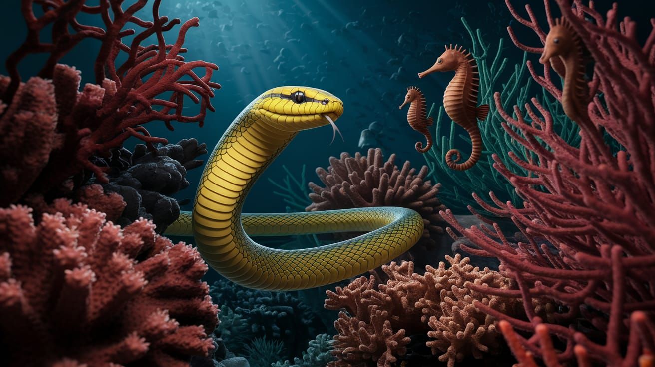 Vibrant Coral Reef Scene with Majestic Sea Snake and Fantast...
