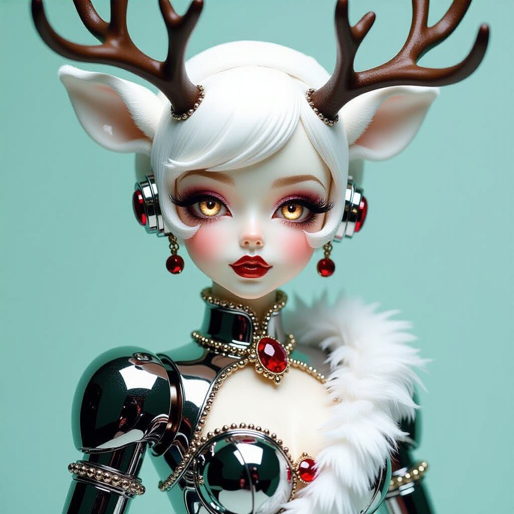 Chrome and Fur Android Reindeer Woman with Ruby Nose