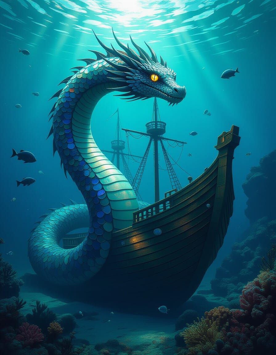 Sea Serpent Coils Sunken Galleon in Sea Glass Mosaic
