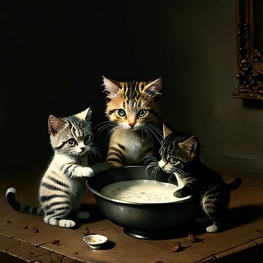 Three Kittens at Milk Bowl: Horror Art