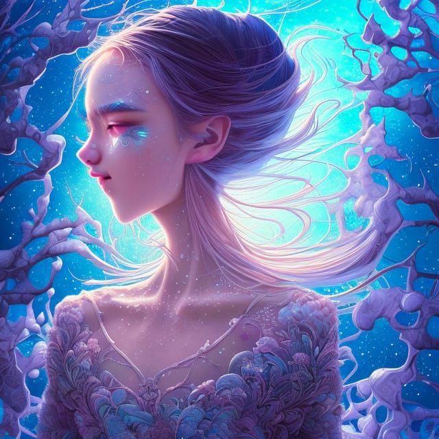 Crystallized Ice Girl in Sky, Detailed Fantasy Art