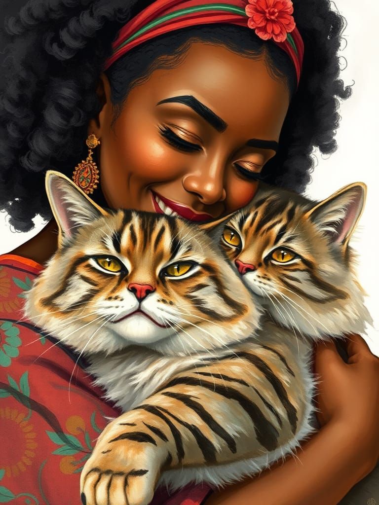 Woman and Gigantic Cat: Anime Folk Art Illustration