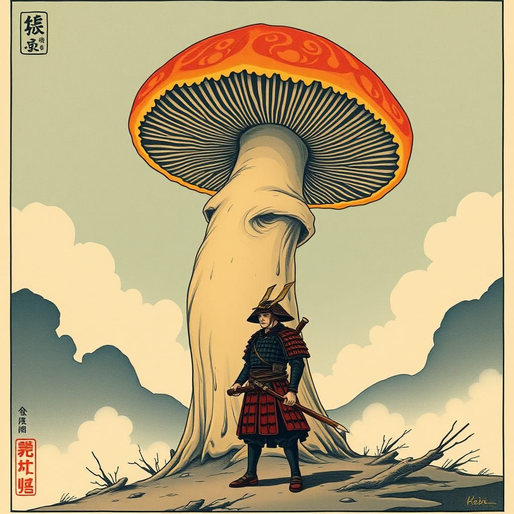 Surreal Samurai Contemplates Vibrant Mushroom in Ukiyo-e Sty...