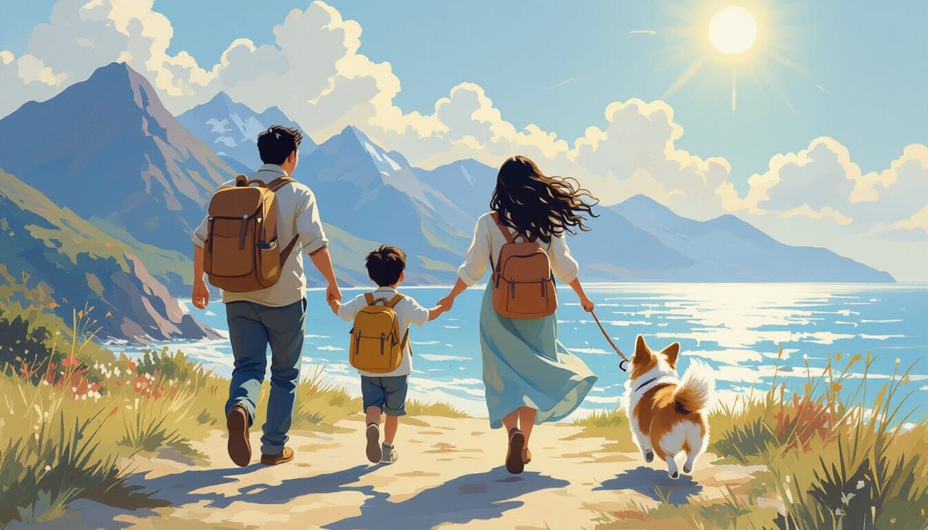 Family Adventure by the Sea, in Oil Painting Style