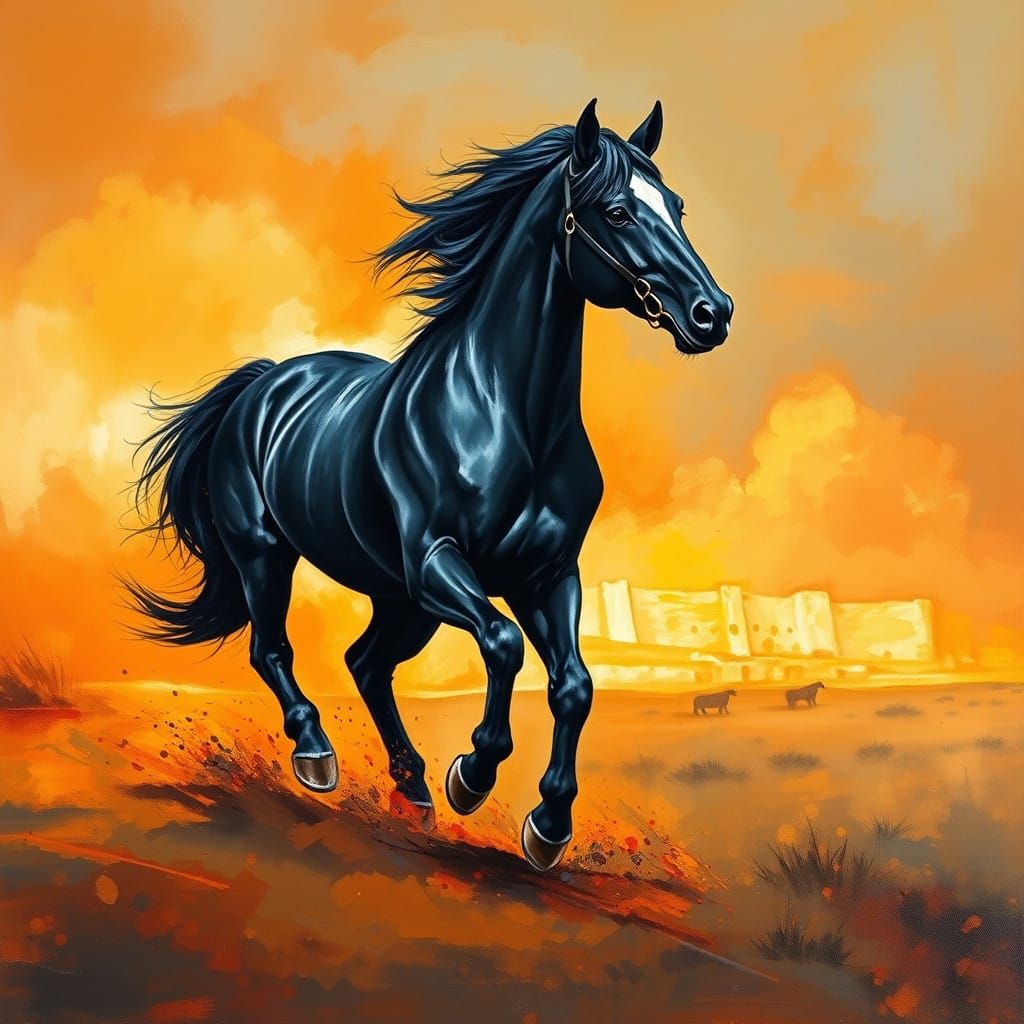 Majestic Black Horse in Expressive Gouache Style