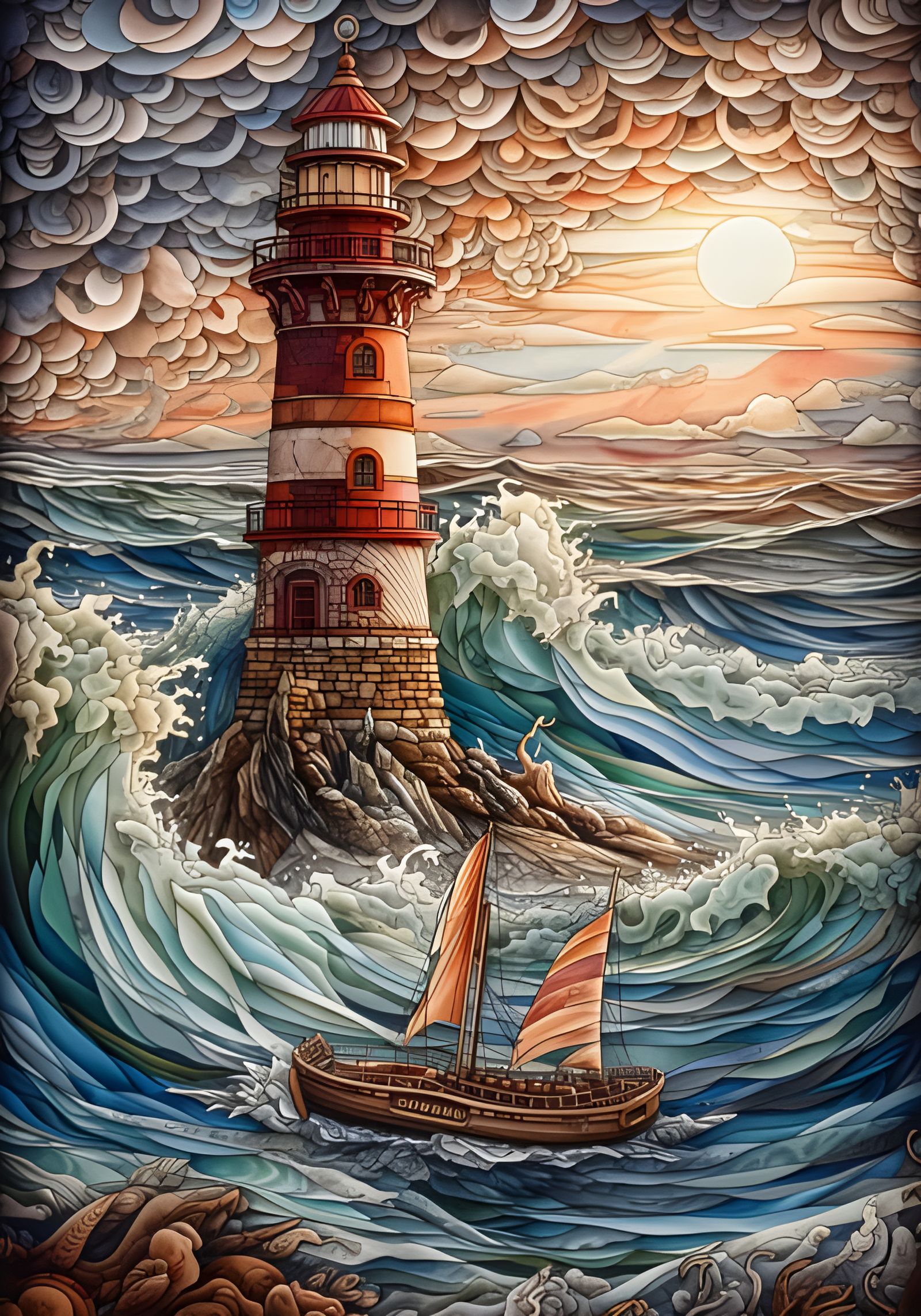 Lighthouse and Waves in 3D Paper Quilling