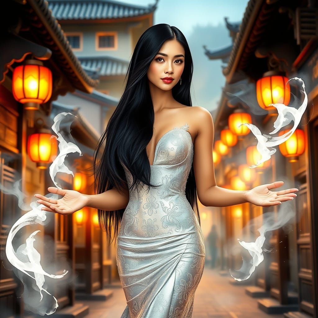 Latina Woman in Taiwan Street with Metallic Gown